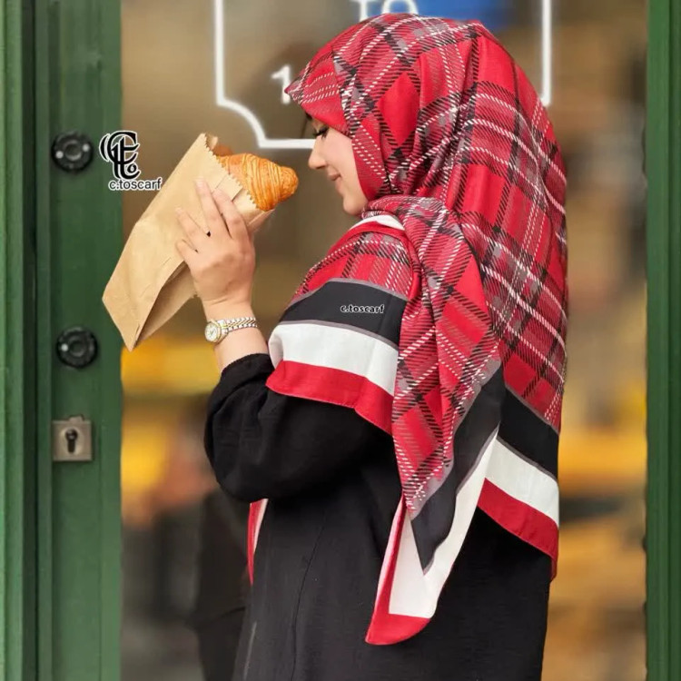 شال نخی طرح دنیز چهارخانه قرمز 140*140 زنانه مجلسی و روزمره