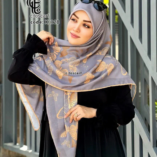 روسری نخی طرح پروانه طوسی قواره بزرگ 140 سانتیمتر چرخدوز شیک زنانه