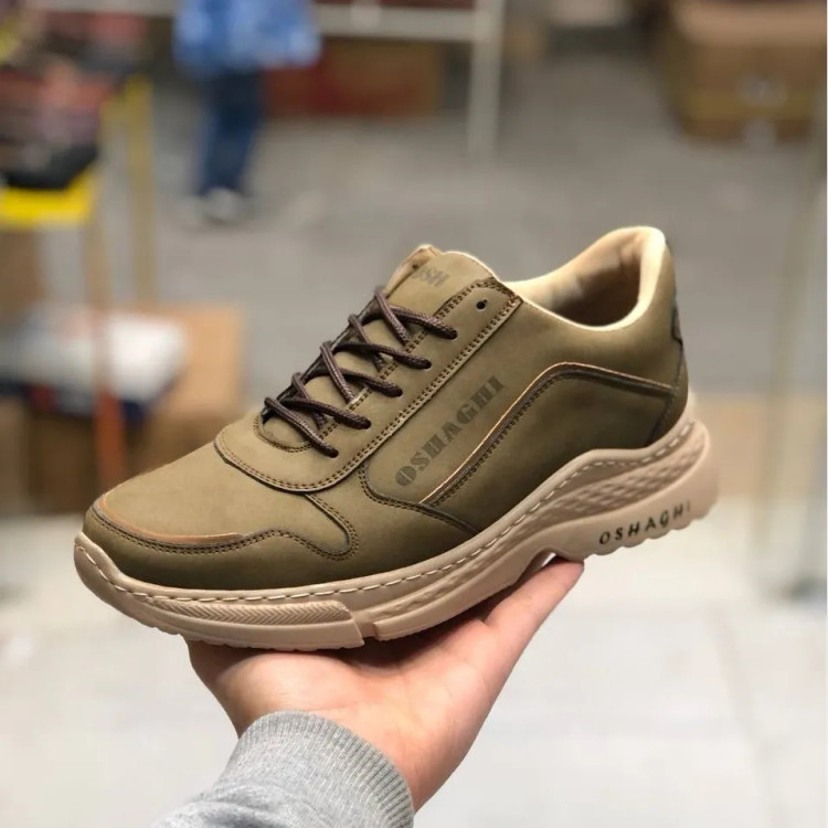 کفش اسپرت مردانه چرم صنعتی سبز زیتونی و کرم مدل OSHAGHI کد 123