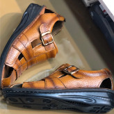 صندل مردانه چرم طبیعی دور دوخت سبک با سگک سگکدار و بند تنظیم عرض پا