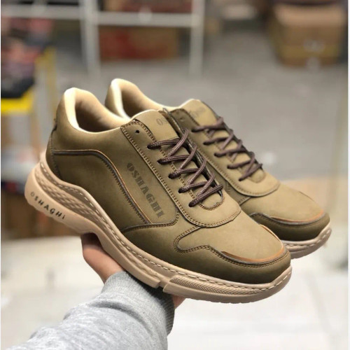 کفش اسپرت مردانه چرم صنعتی سبز زیتونی و کرم مدل OSHAGHI کد 123