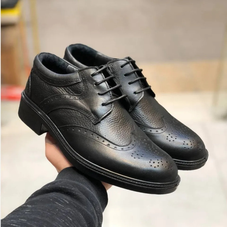 کفش مجلسی مردانه چرم طبیعی مشکی آستر بزی زیره پیو طبی