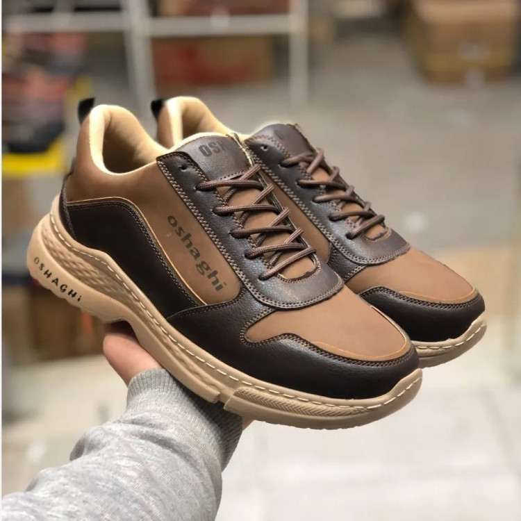 کفش اسپرت مردانه چرم صنعتی قهوه ای روشن و تیره مدل OSHAGHI کد 101