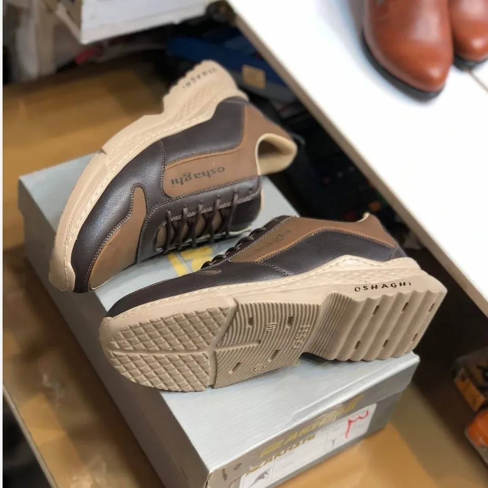 کفش اسپرت مردانه چرم صنعتی قهوه ای روشن و تیره مدل OSHAGHI کد 101