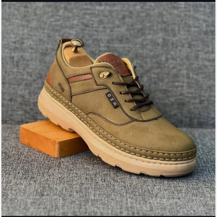 کفش مردانه چرم صنعتی زیتونی شیک و راحت روزمره و نیمه رسمی
