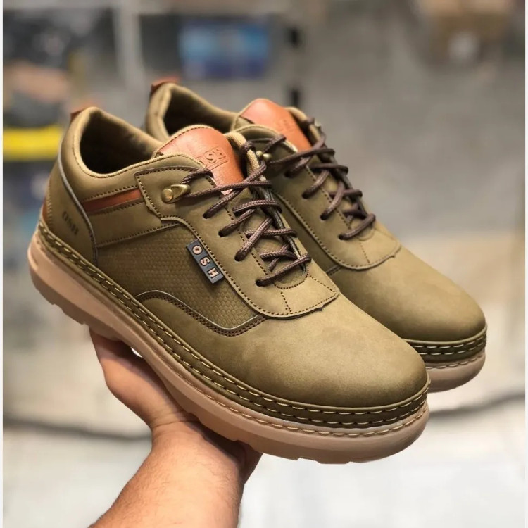 کفش مردانه چرم صنعتی زیتونی شیک و راحت روزمره و نیمه رسمی