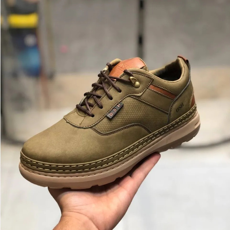 کفش مردانه چرم صنعتی زیتونی شیک و راحت روزمره و نیمه رسمی