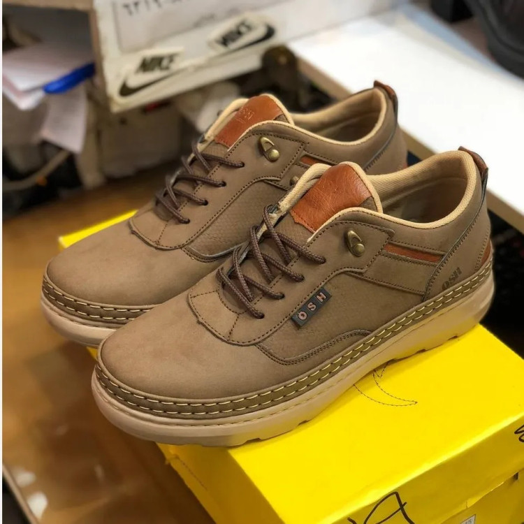 کفش مردانه چرم صنعتی زیتونی شیک و راحت روزمره و نیمه رسمی