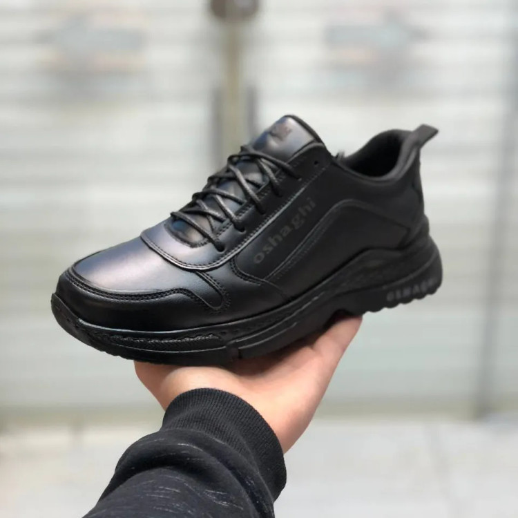 کفش اسپرت مردانه چرم صنعتی زیره پیو طبی سبک راحت طرح اسکچرز مشکی