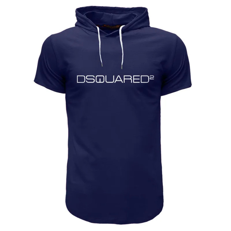 تیشرت کلاه دار مردانه نخی سرمه ای آستین کوتاه طرح ساده