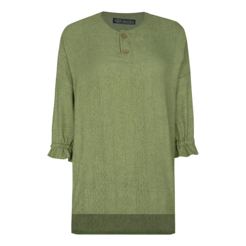 شومیز زنانه یقه دکمه دار آستین سه ربع سبز سدری جنس مراکشی طرح ساده