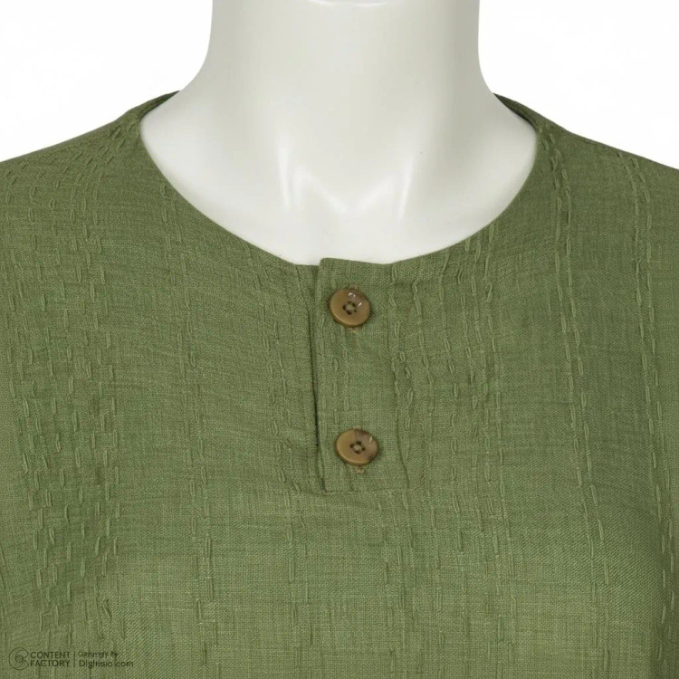 شومیز زنانه یقه دکمه دار آستین سه ربع سبز سدری جنس مراکشی طرح ساده