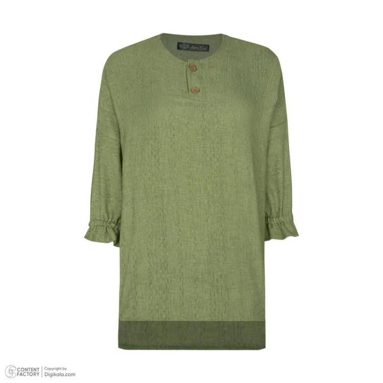 شومیز زنانه یقه دکمه دار آستین سه ربع سبز سدری جنس مراکشی طرح ساده