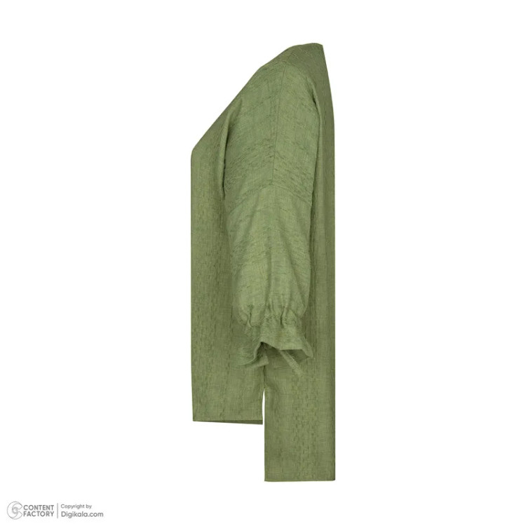 شومیز زنانه یقه دکمه دار آستین سه ربع سبز سدری جنس مراکشی طرح ساده