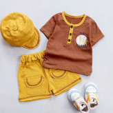 ست تیشرت شلوارک و کلاه پسرانه طرح بیسبالی نخی دورو پنبه کیفیت عالی