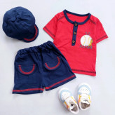 ست تیشرت شلوارک و کلاه پسرانه طرح بیسبالی نخی دورو پنبه کیفیت عالی