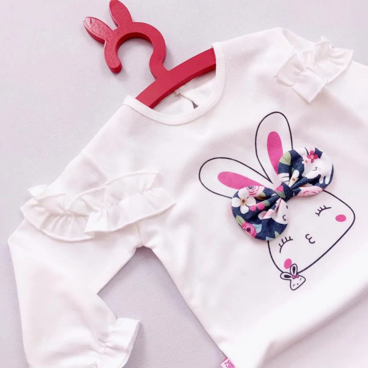 بلوز شلوار دخترانه طرح خرگوش پاپیونی آستین چین دار جنس پنبه لطیف