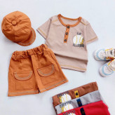 ست تیشرت شلوارک و کلاه پسرانه طرح بیسبالی نخی دورو پنبه کیفیت عالی