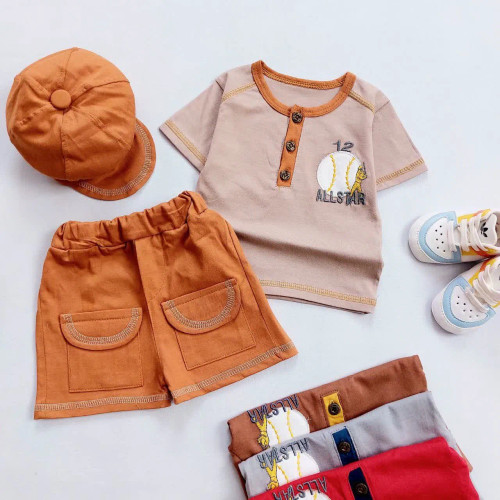 ست تیشرت شلوارک و کلاه پسرانه طرح بیسبالی نخی دورو پنبه کیفیت عالی