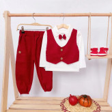 ست لباس پسرانه یلدایی طرح جلیقه و پاپیون مخمل کبریتی قرمز | لباس نوزادی و کودک