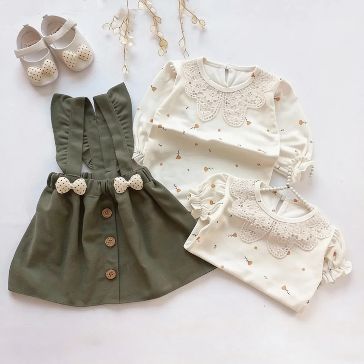 ست بلوز و سارافون نوزاد دخترانه کتان عیدانه طرح دار | مناسب 1 تا 3 سال