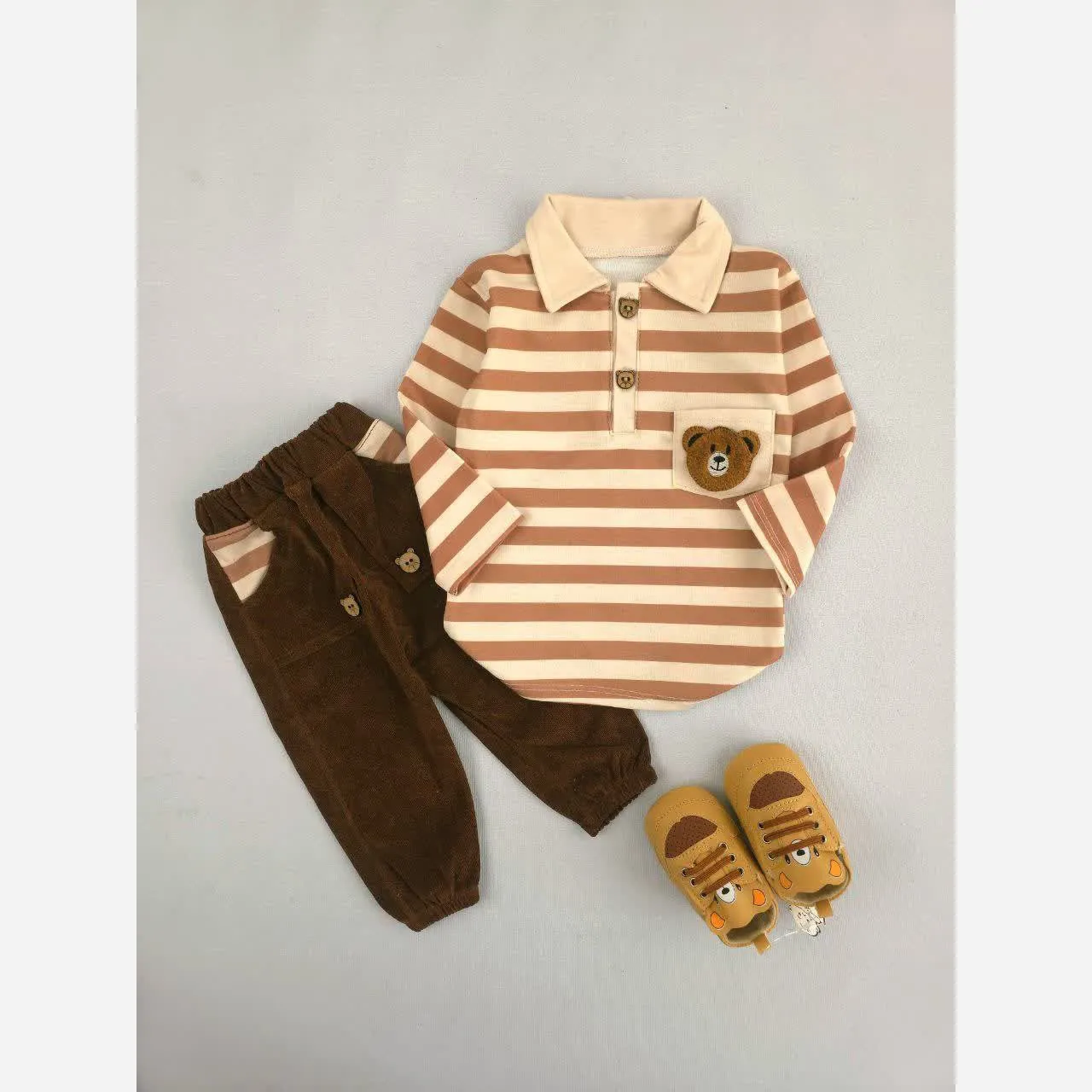 بلوز شلوار راه راه طرح خرس تدی بچگانه | دخترانه و پسرانه | جنس پنبه و مخمل کبریتی