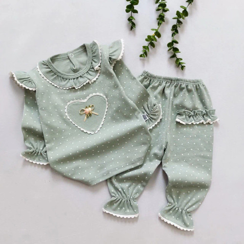 بلوز شلوار خالدار دخترانه طرح قلب | لباس راحتی نوزاد و کودک | جنس پنبه اعلا