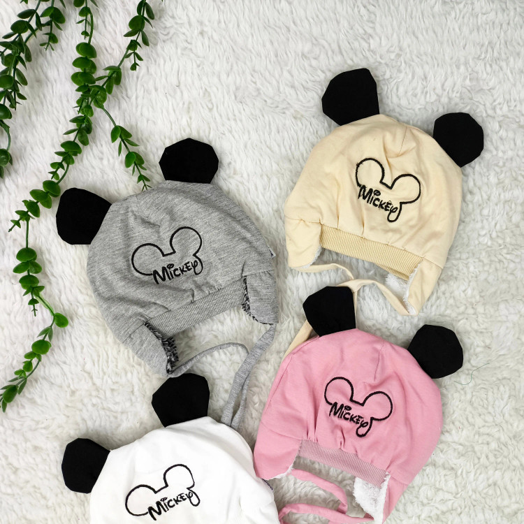 کلاه نوزادی میکی موس پوم دار خزدار مناسب 3 ماه تا 1 سال | پاییز و زمستان
