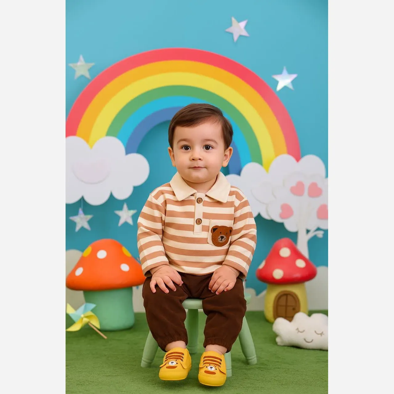 بلوز شلوار راه راه طرح خرس تدی بچگانه | دخترانه و پسرانه | جنس پنبه و مخمل کبریتی