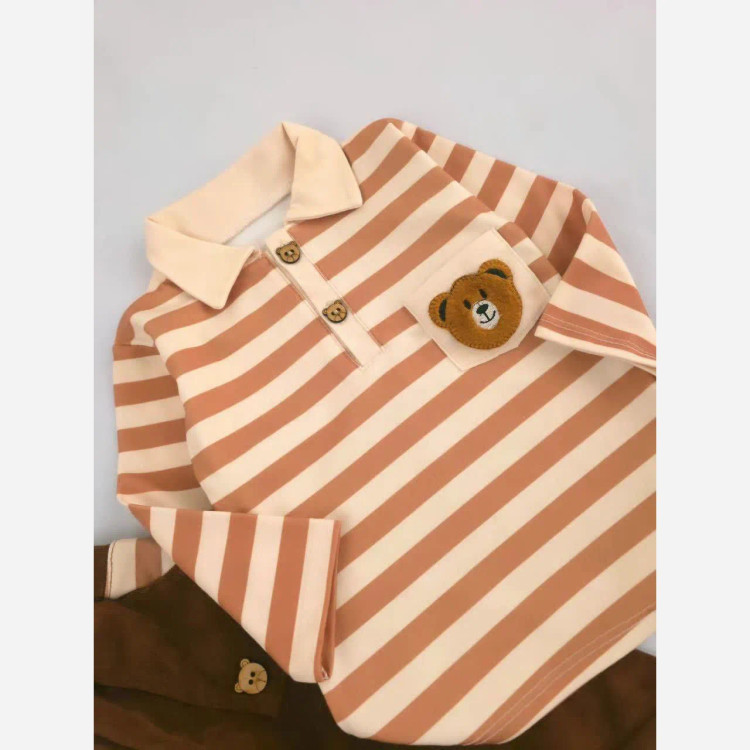 بلوز شلوار راه راه طرح خرس تدی بچگانه | دخترانه و پسرانه | جنس پنبه و مخمل کبریتی