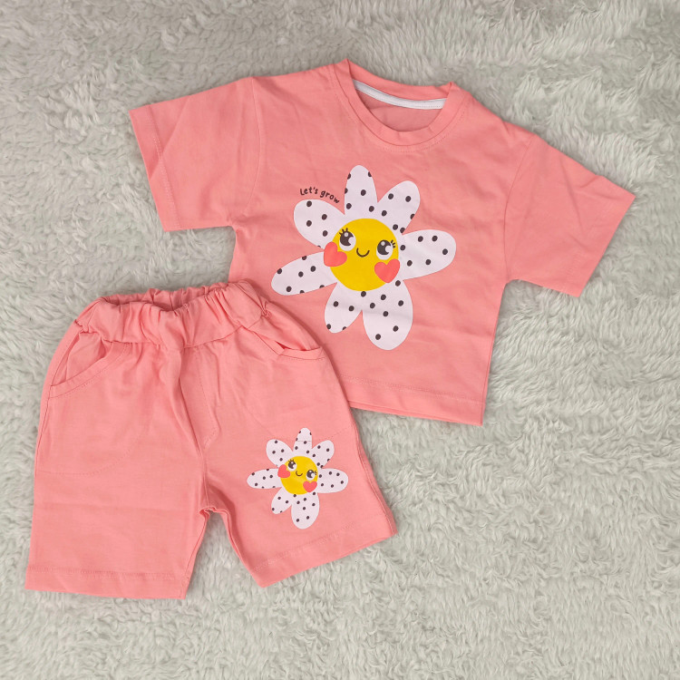 ست تیشرت و شورتک نخی طرح بابونه دخترانه و پسرانه خندان