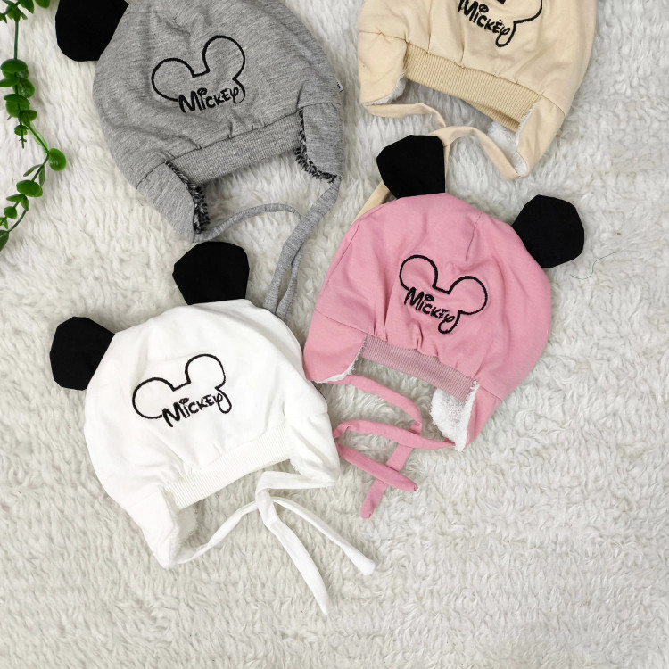 کلاه نوزادی میکی موس پوم دار خزدار مناسب 3 ماه تا 1 سال | پاییز و زمستان