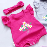 رامپر نوزادی دخترانه طرح گل با هدبند، لباس بهاره پنبه ای سایز 0 تا 8 ماه