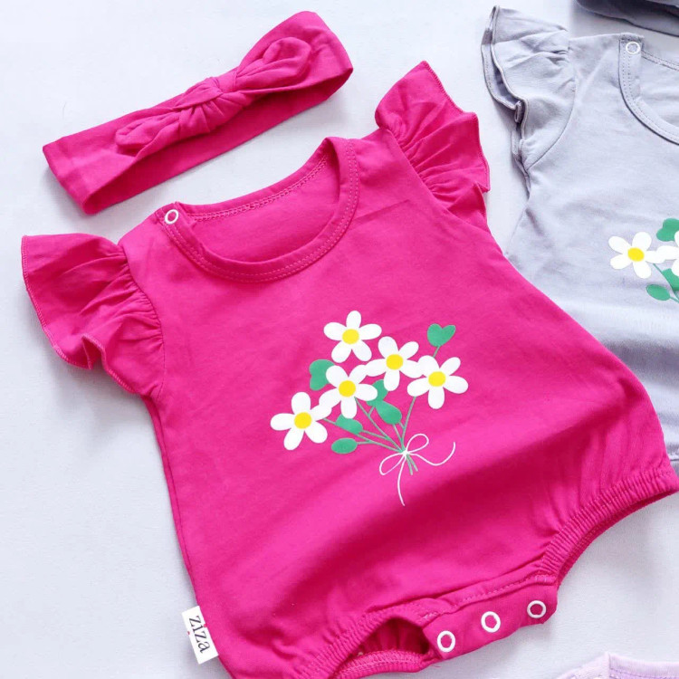 رامپر نوزادی دخترانه طرح گل با هدبند، لباس بهاره پنبه ای سایز 0 تا 8 ماه