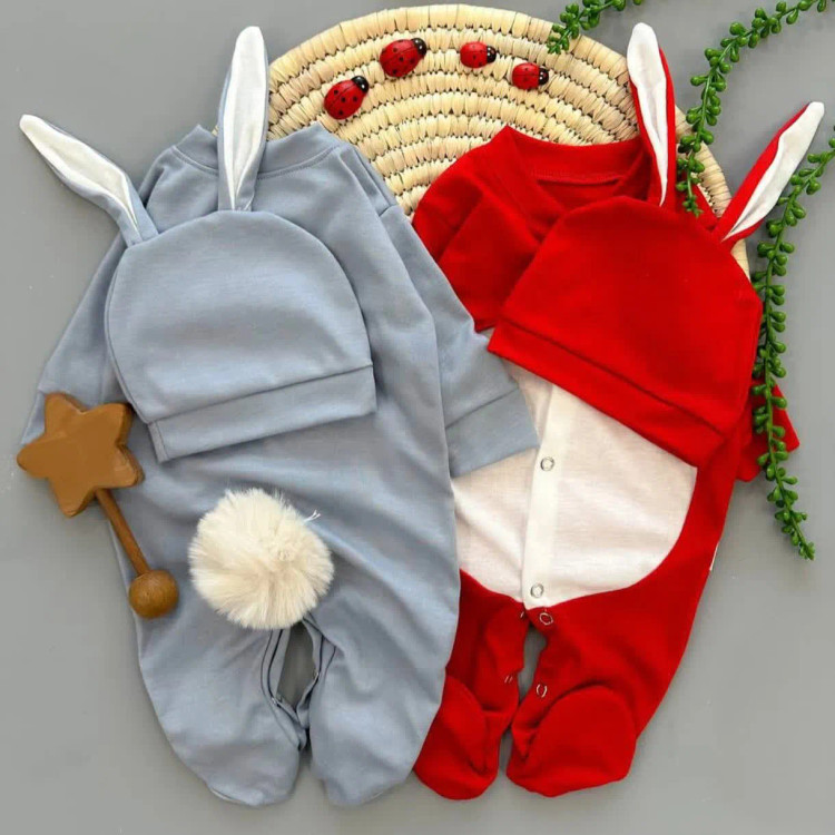 سرهمی و کلاه نوزادی طرح خرگوشی پوم دار | مناسب عکاسی نوزاد و ماهگرد