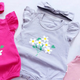 رامپر نوزادی دخترانه طرح گل با هدبند، لباس بهاره پنبه ای سایز 0 تا 8 ماه