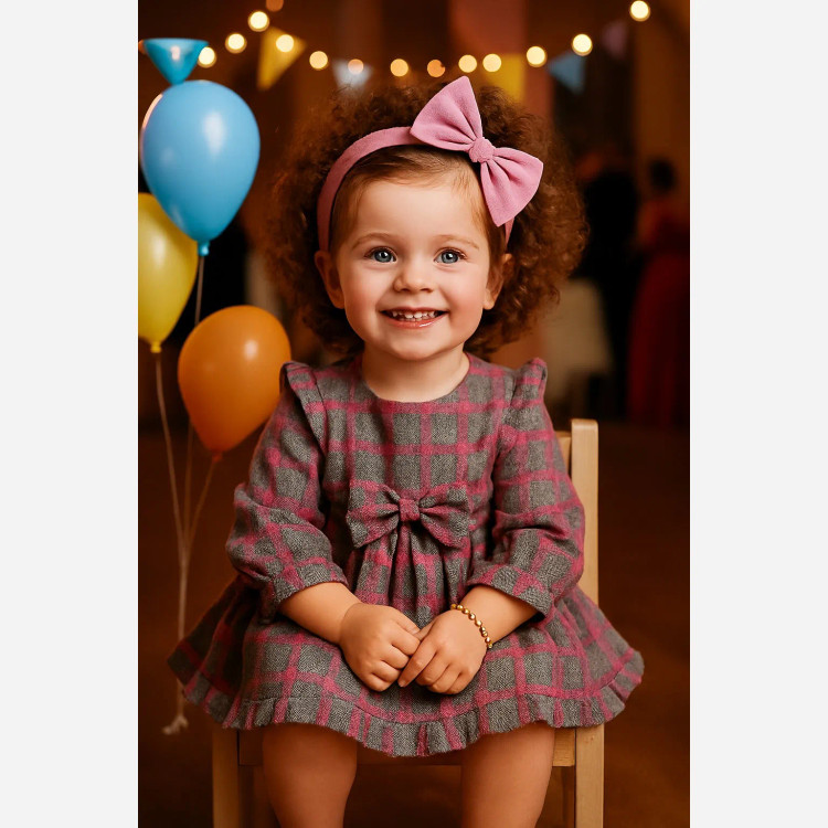 پیراهن کشمیر چهارخانه دخترانه پاپیونی مناسب 1 تا 4 سال