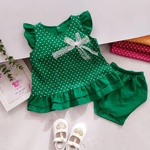 سارافون و شورت نوزادی دخترانه طرح خال خالی جنس کتان نخ درجه یک