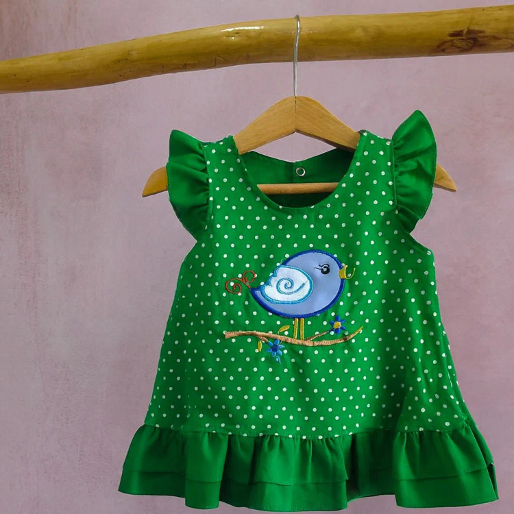 سارافون دخترانه طرح گنجشک خالدار نخی خنک مناسب 1 تا 3 سال