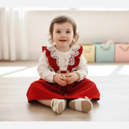 ست بلوز و سارافون مخمل کبریتی دخترانه عیدانه مناسب 1 تا 3 سال