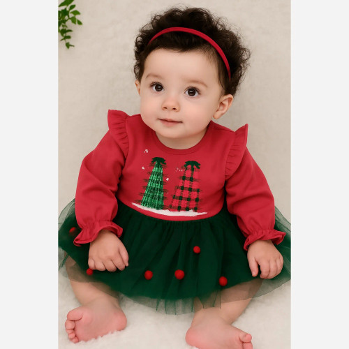 پیراهن دخترانه کریسمس طرح درخت، لباس مجلسی یلدا و کریسمس مناسب 6 ماه تا 3 سال