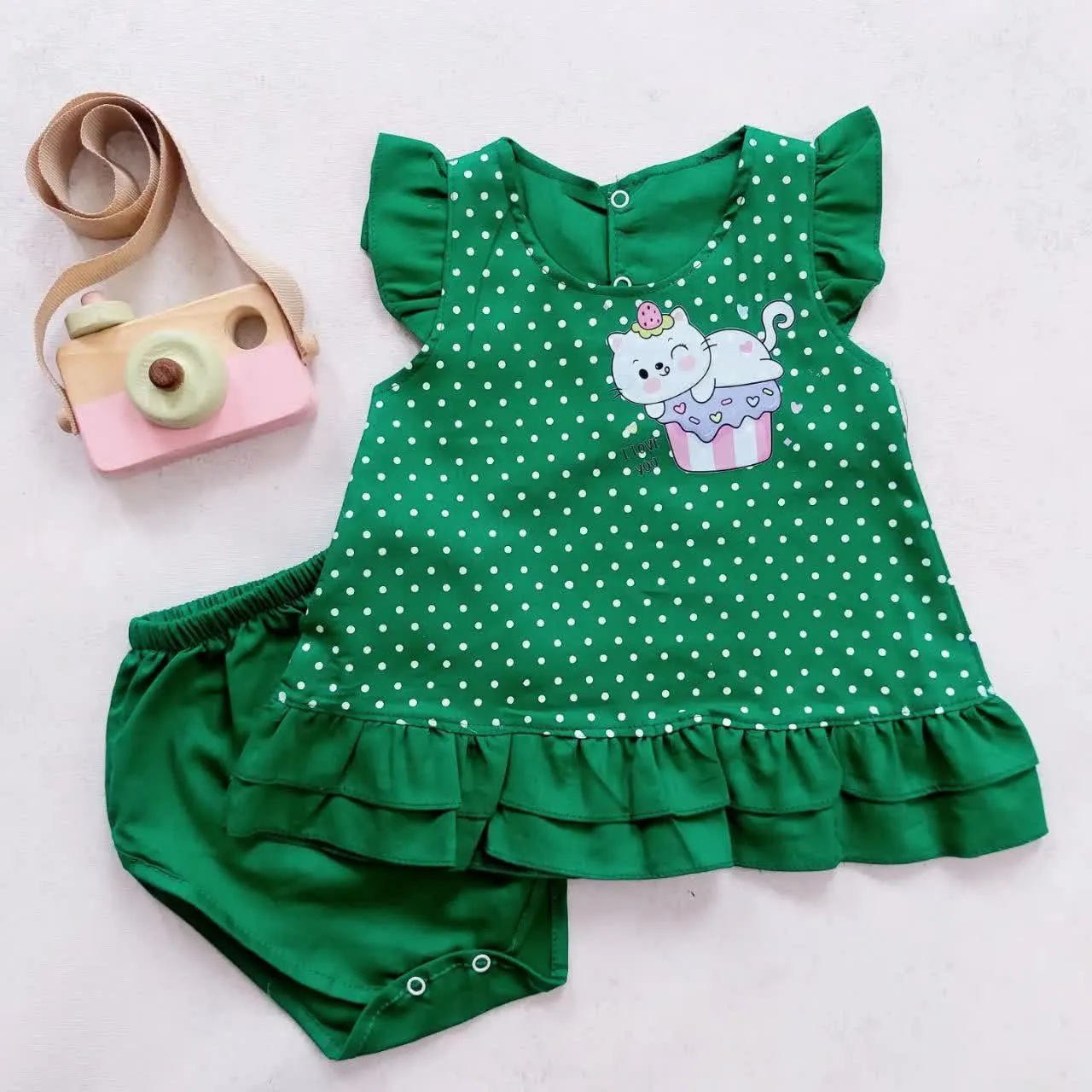 ست سارافون و شورت دخترانه طرح گربه خالدار نخی خنک