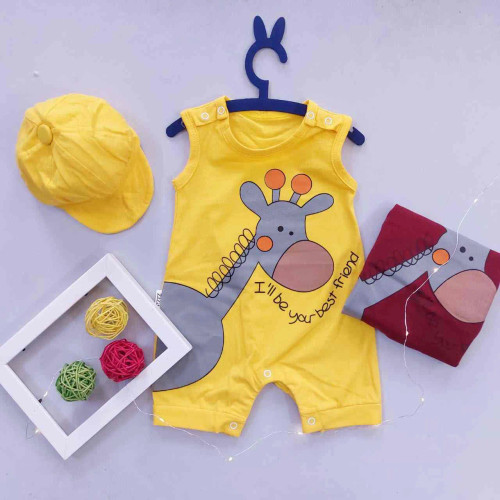 رامپر نوزادی طرح زرافه با کلاه - جنس پنبه صد در صد - مناسب 3 تا 12 ماه