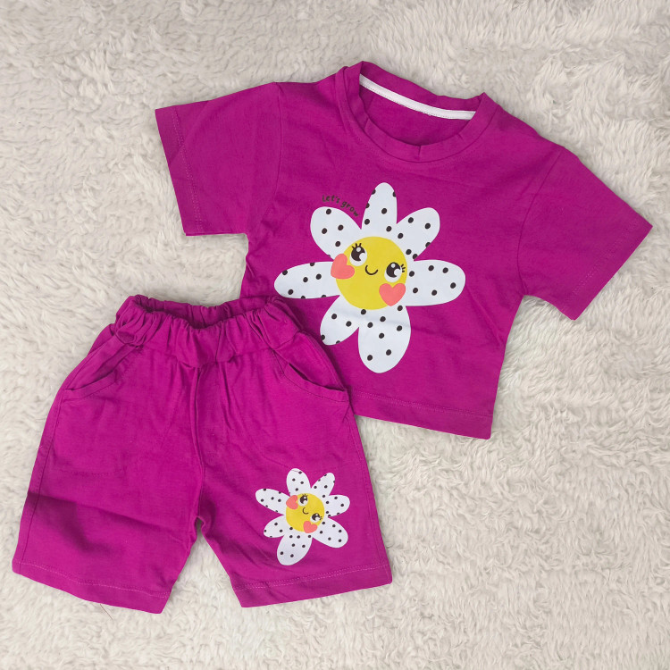 ست تیشرت و شورتک نخی طرح بابونه دخترانه و پسرانه خندان