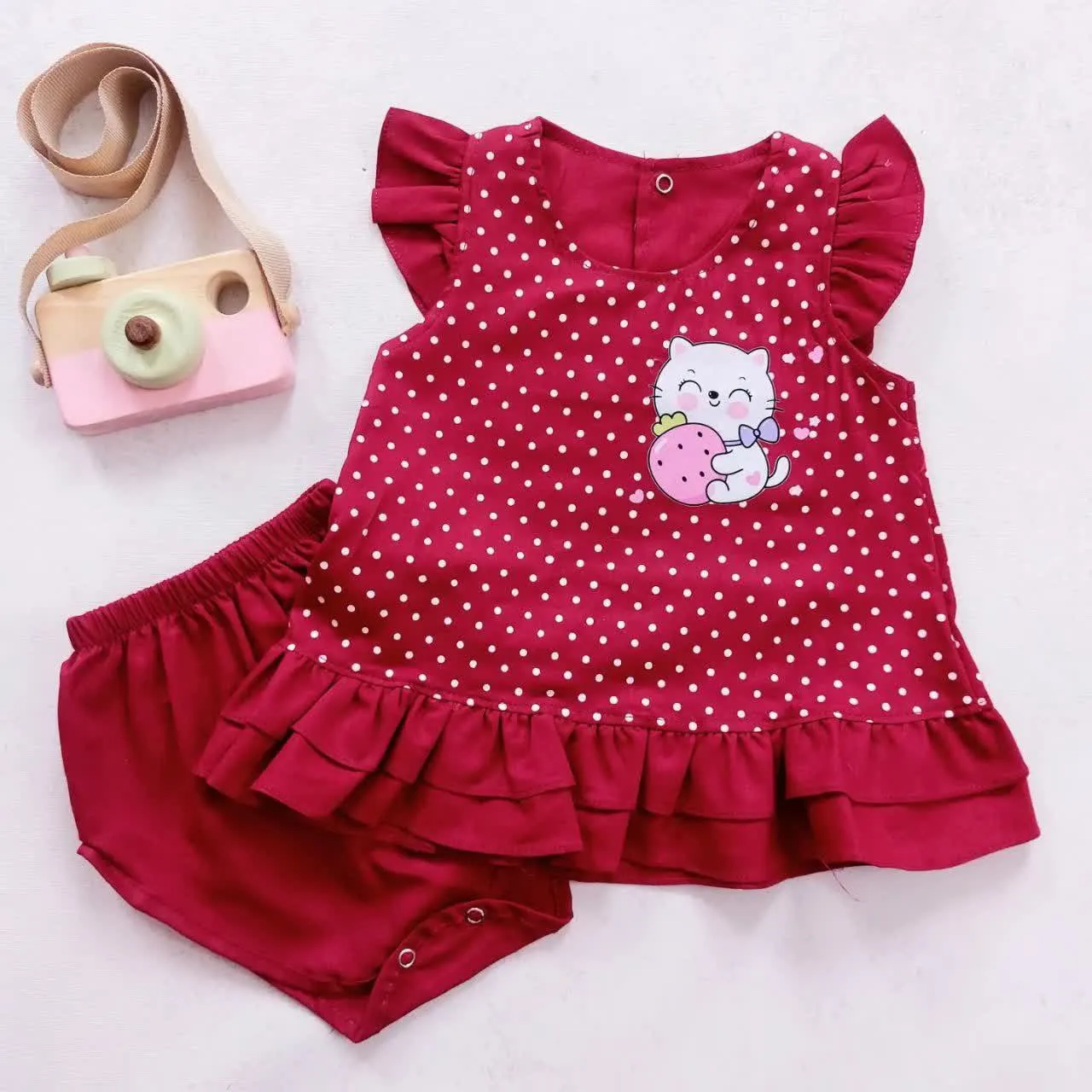 ست سارافون و شورت دخترانه طرح گربه خالدار نخی خنک