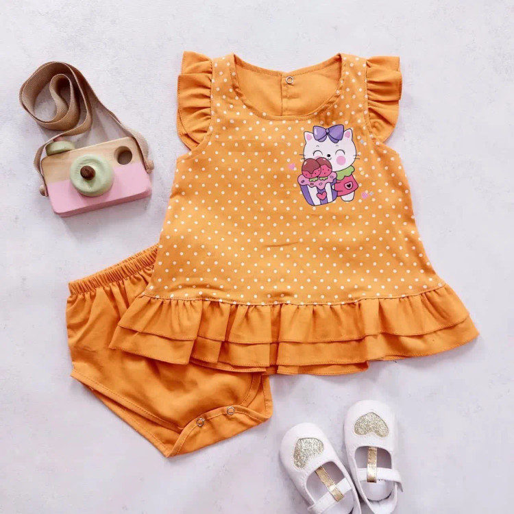 ست سارافون و شورت دخترانه طرح گربه خالدار نخی خنک