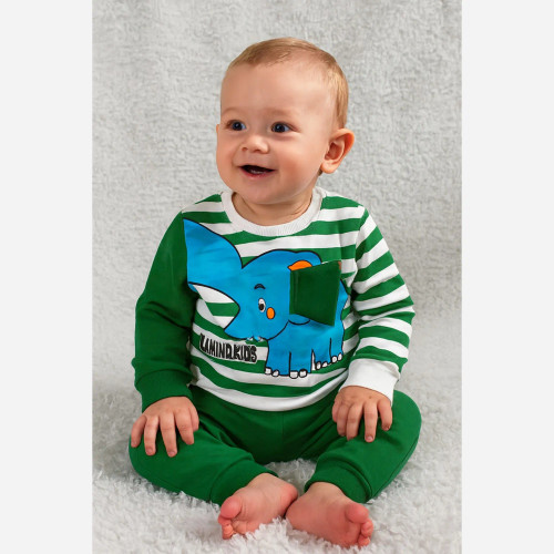 بلوز شلوار پسرانه طرح فیل راه راه نخی پنبه دورس مناسب 1 تا 4 سال