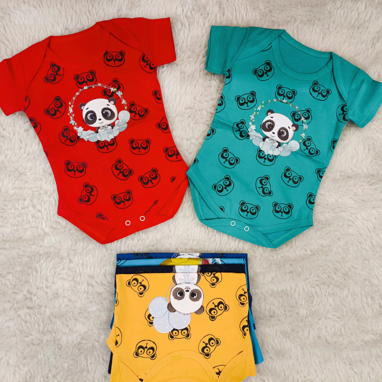 بادی نوزادی آستین کوتاه طرح پاندا | پنبه سوپر | 6 رنگ | 3 تا 12 ماه