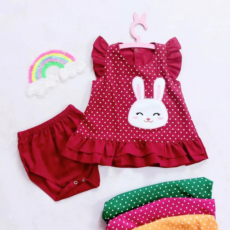 سارافون و شورت دخترانه طرح خرگوش | لباس تابستانی نخی خنک | مناسب 1 تا 3 سال