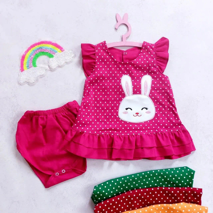 سارافون و شورت دخترانه طرح خرگوش | لباس تابستانی نخی خنک | مناسب 1 تا 3 سال